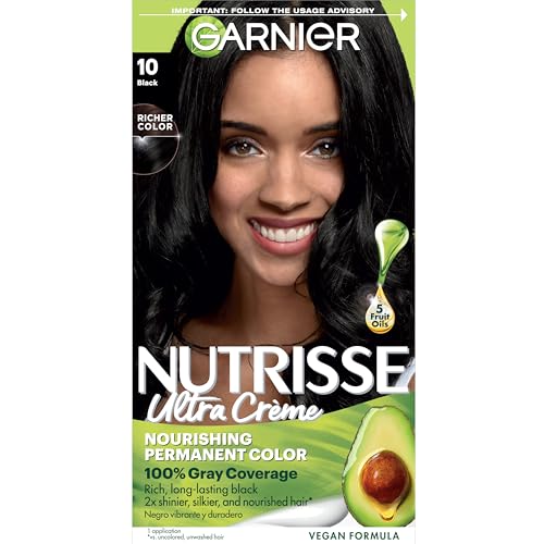 Garnier Nutrisse Ultra Cr?me Hair Color, Permanent Hair Dye with 100% Gray Coverage, Vegan & Cruelty-Free, 10 Black (Licorice), 1 Count
