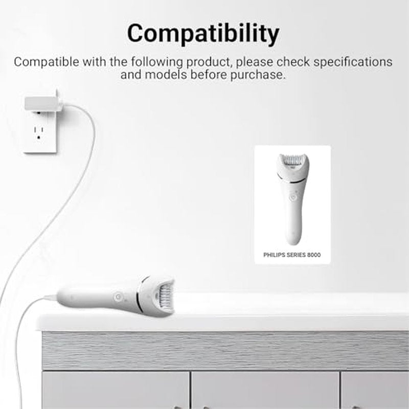 Charger Compatible with Philips Epilator Wet & Dry Series 8000 BRE700/04 BRE720/14 BRE740/14 Shaver and Trimmer for Women Replacement Power Adapter 15V Charging Cord Cable White
