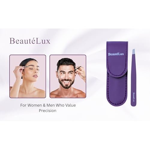Premium Slant Tip Eyebrow Tweezer (Purple), Stainless Steel Precision Tweezers for Men & Women, for Facial Hair Removal, with Leather Case