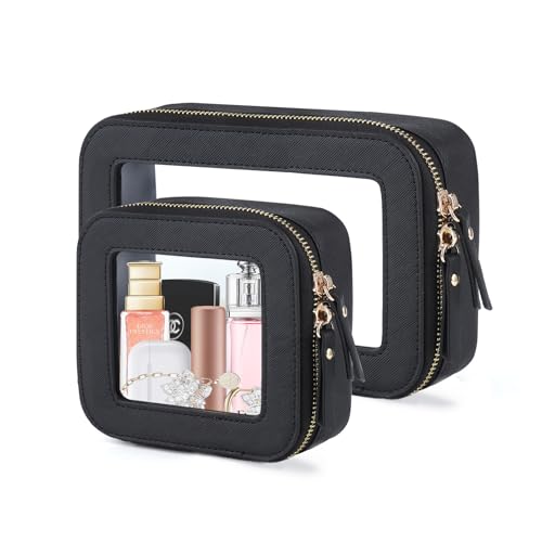 Clear Toiletry Bag and Mini Makeup Bag with Zipper Set is a Convenient, Waterproof Toiletry Bag for Travel and Essentials for Women on the Go(Black, M+MINI)