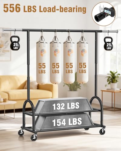 EAGMAK Black Heavy Duty Rolling Clothes Rack with 2 Shelves, Adjustable