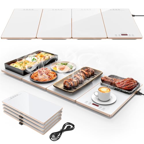 FEPPO 4-in-1 Food Warmers for Parties Buffet - White & Gold Electric Warming Tray with 10 Temp Settings & Timer, 33x15 Inch Glass Surface