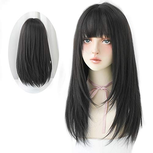 Black Synthetic Wig with Bangs for Women - Long Straight Hair Costume Wig