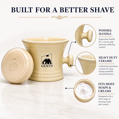 Heavy Duty Ceramic Ivory Shaving Mug with Knob Handle & Natural Soap Set