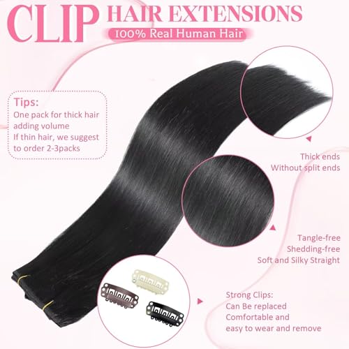 Clip in Hair Extensions 14 Inch 100% Human Remy Hair Jet Black 3.2oz - Salon Quality