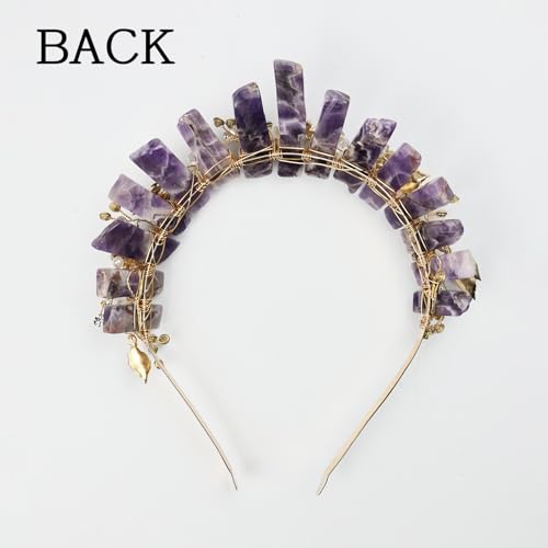 Women Raw Amethyst Headband with Pearl Flower for Bridal & Wedding - Purple Variation