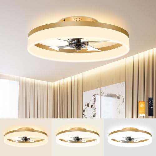 Gold Low Profile Ceiling Fan with Lights and Remote 19.7in Smart Bladeless LED Fandelier