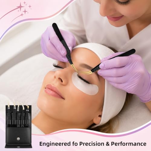 5Pcs Eyelash Extension Tweezers Set - Stainless Steel, Titanium Coated, Black Finish
