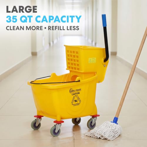 2-Pack 35 Quart Commercial Mop Buckets with Wringer and Sign - Yellow