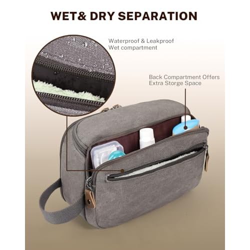 Gonex Travel Toiletry Bag for Men, Water Resistant Canvas Wide Open Shaving Bag with Wet Dry Compartment, Travel Essentials Toiletries Organizer, Grey