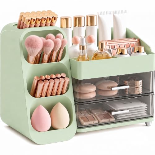 Green Large Makeup Organizer for Vanity and Countertop Storage