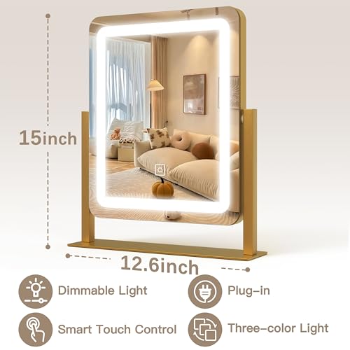ROLOVE Gold 13" x 15" LED Vanity Mirror with Lights, Dimmable Touch Control