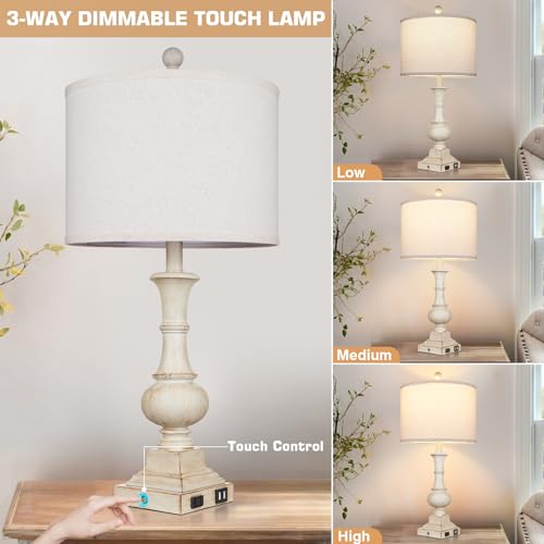 White 26-Inch Farmhouse Table Lamps Set of 2 with USB-C & AC Outlets, Dimmable Touch Control, Rustic Nightstand Lamps for Bedroom and Living Room