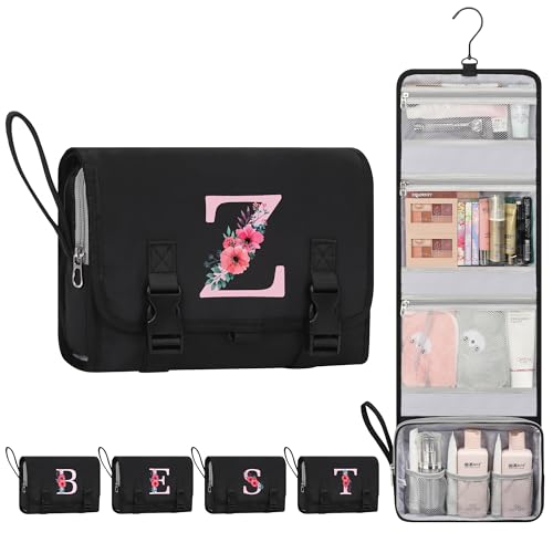 Relavel Hanging Toiletry Bag with Initials - Black Travel Organizer