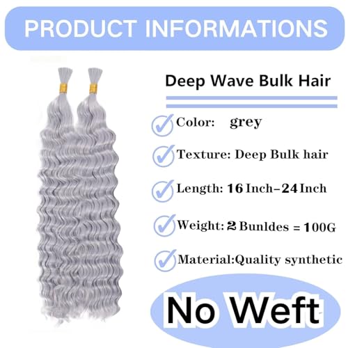 Grey Deep Wave Human Braiding Hair 24 Inch, 100g, for Boho & Knotless Braids - Hailookmey