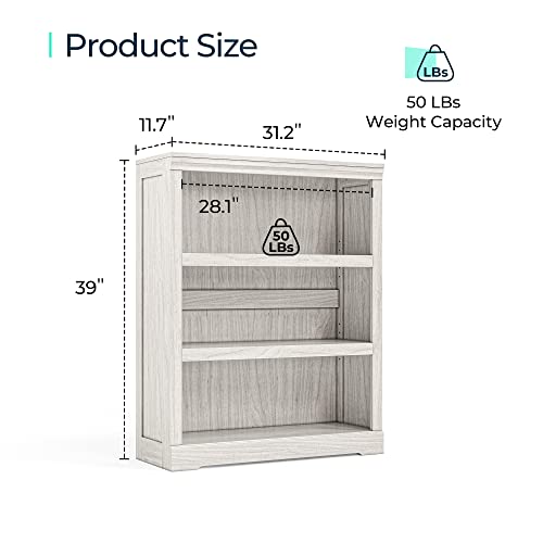 3-Tier Small Bookcase with Adjustable Shelves - White Oak, 39"H