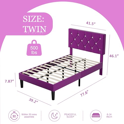 Purple Twin Size Bed Frame with Diamond Tufted Headboard - Upholstered Platform Bed with Wood Slats - No Box Spring Needed - Variation: Purple-1