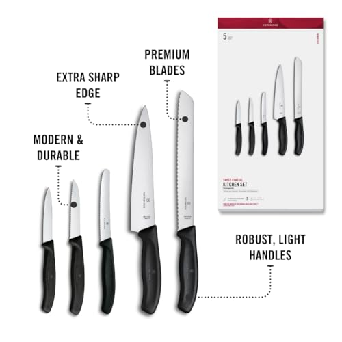 Victorinox Swiss Classic 5-Piece Kitchen Knife Set - Black Handle, Utility & Bread Knives