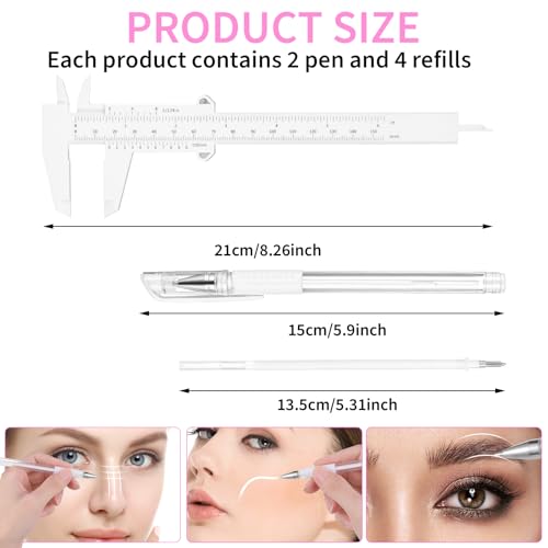 Eyebrow Microblading Marker Pen, 2 Pcs Brow Mapping Pens with with 4 Replacement Refills and 1 Ruler, Makeup Tattoo Skin Marker Pen, Brow Lamination Supplies for Eyebrow Lip Skin(White)