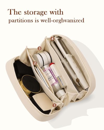 Large Beige Makeup Bag with Divider - Travel Organizer Purse for On-the-Go