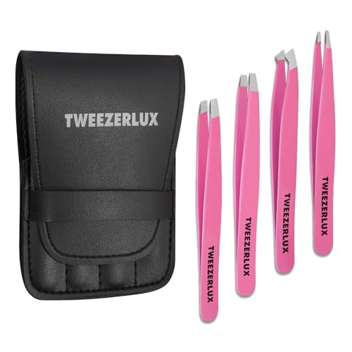 Tweezers Set - Professional Stainless Steel Tweezers for Eyebrows - Great Precision for Facial Hair, Splinter and Ingrown Hair Removal (PINK)