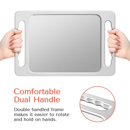 Unbreakable Handheld Barber Mirror with Double Handles - Silver Gray, 15.8 x 10.2 inches
