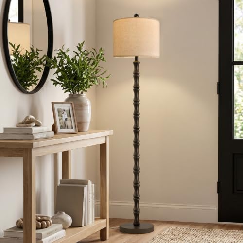 FOFOMOMO 62" Dark Brown Farmhouse Floor Lamp with Linen Shade & Rotary Switch