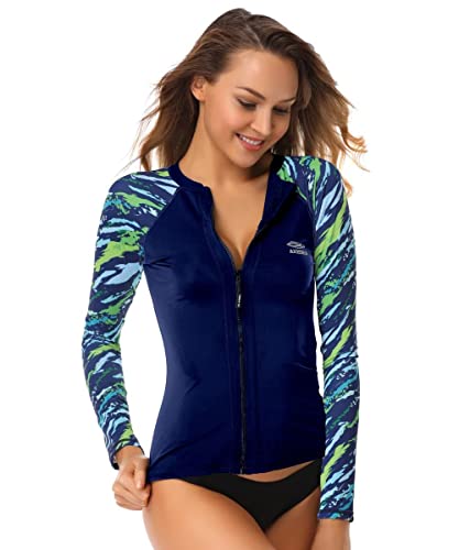 AXESEA Women's Long Sleeve Rash Guard Top Blue 14 UV Sun Protection Swim Shirt