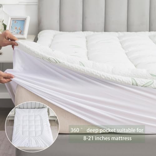 Green King Mattress Topper with Deep Pocket - Bamboo Viscose Pillow Top, 8-21 Inch Fit