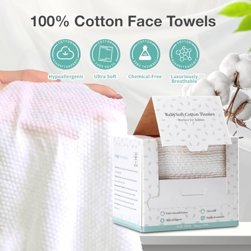 100% Pure Cotton Disposable Face Towel, 2 Pack Soft & Skin Friendly Face Towelettes Disposable for Sensitive Skin, Lint- Free Makeup Remover Dry Wipes, Thick Facial Towels Disposable
