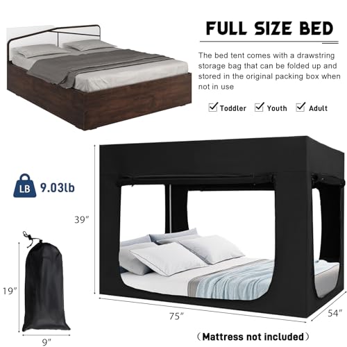 Black Full Bed Tent Canopy for Adults Kids Portable 80% Blackout Privacy with 4 Doors