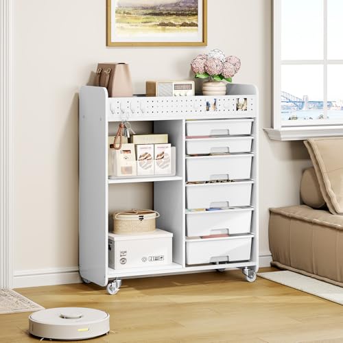 White Rolling Craft Cart with 6 Drawers, Pegboard & Locking Wheels - ApexChaser