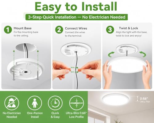 White 12-Inch LED Ceiling Light Fixture 24W 3200 Lumens 5 CCT Adjustable - 6 Pack
