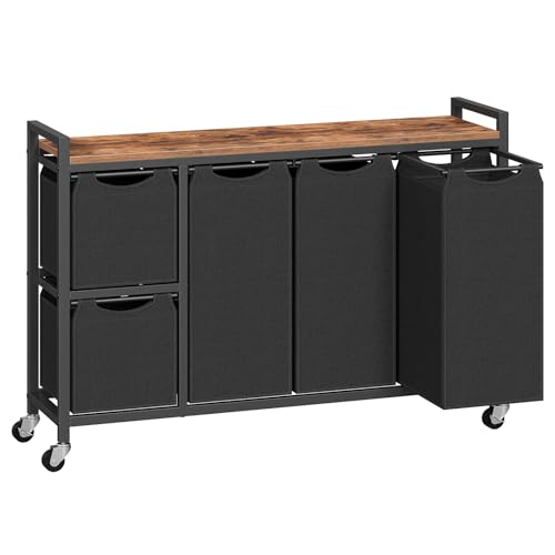 HOOBRO Laundry Sorter with 5 Compartments & Removable Bags, Rustic Brown, 170L Capacity
