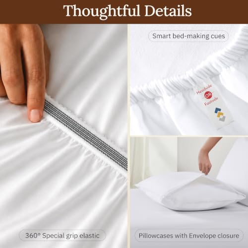 California Design Den Organic Cotton Sateen Queen Bed Sheet Set - White, GOTS Certified