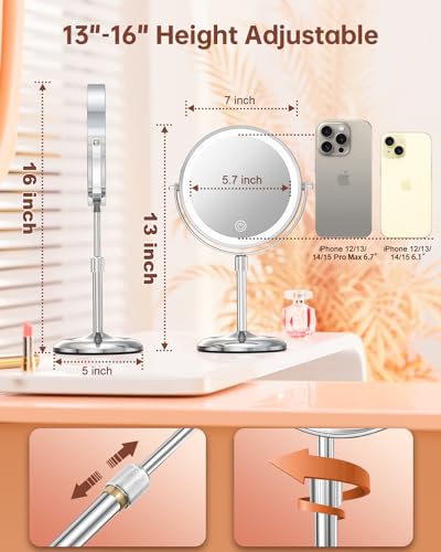 Benbilry Silver 7-Inch Lighted Makeup Mirror with 10X Magnification & Adjustable Height