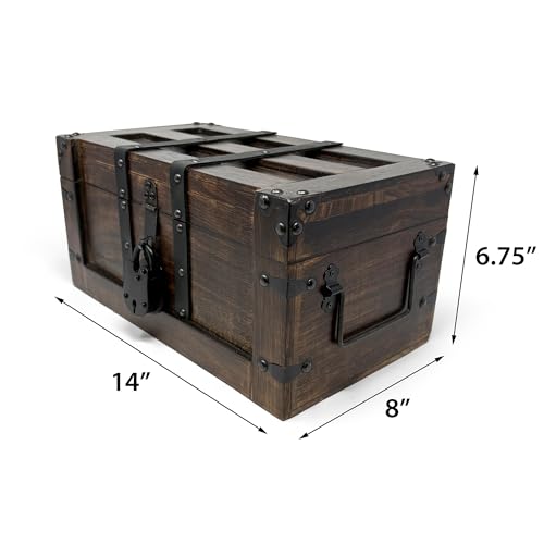 Large Nautical Cove Handmade Wooden Treasure Chest with Leather Straps & Lock, 14x8x6.75 inches