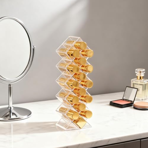 Lipstick Holder 16 Spaces Cute Fish Shape Cosmetic Lip Gloss Organizer for Countertop Clear Acrylic Makeup Perfume Storage Rack Drawer & Bathroom Novelty Desk Decor Vanity Display Case for Girls Women