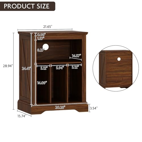 Rustic Brown Farmhouse Record Player Stand with Vinyl Storage & Cable Management