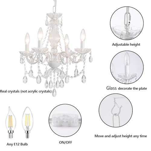 AMZASA Plug-in White Crystal Chandelier 4-Light Pendant Light for Kitchen & Dining – Adjustable Height, Easy Assembly