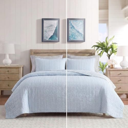 Nautica Twin Reversible Cotton Quilt Set with Sham - Coleridge Stripe Light Blue