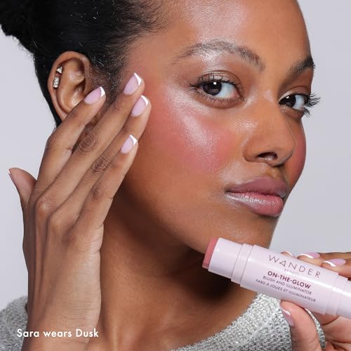 Wander Beauty On-the-Glow Blush and Illuminator - Dusk/Nude Glow - 7-in-1 Hydrating Cream Blush & Highlighting Stick - Stick Blush for Cheeks, Lip, Face & Body - Highlighter Makeup & Blush - 0.4 oz