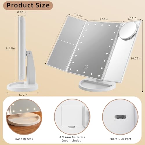 White Lighted Makeup Mirror with Magnification Tri-Fold LED Vanity Mirror