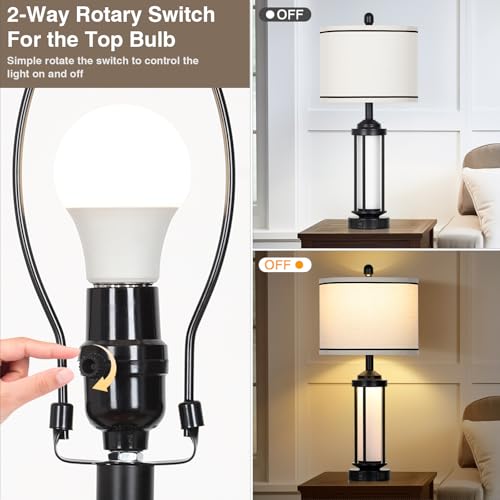 Set of 2 Black Farmhouse Rustic Industrial Table Lamps with USB+C Ports & AC Outlet - 26 Inch Bedside Lamps with LED Night Light & Linen Shade - Variation of THIS listing