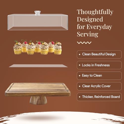 HOMESPHERE Rectangular Acacia Wood Cake Stand with Lid & Charcuterie Board - 17x13