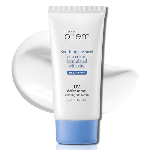 MAKEPREM UVA UVB Defense Calming Sun Cream SPF 50+ PA++++ Vegan Mineral Sunblock, Cream