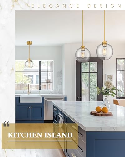 Brass Pendant Lights for Kitchen Island 2 Pack - Clear Glass Globe Shade, Gold Finish, 7 Inch, Farmhouse Style
