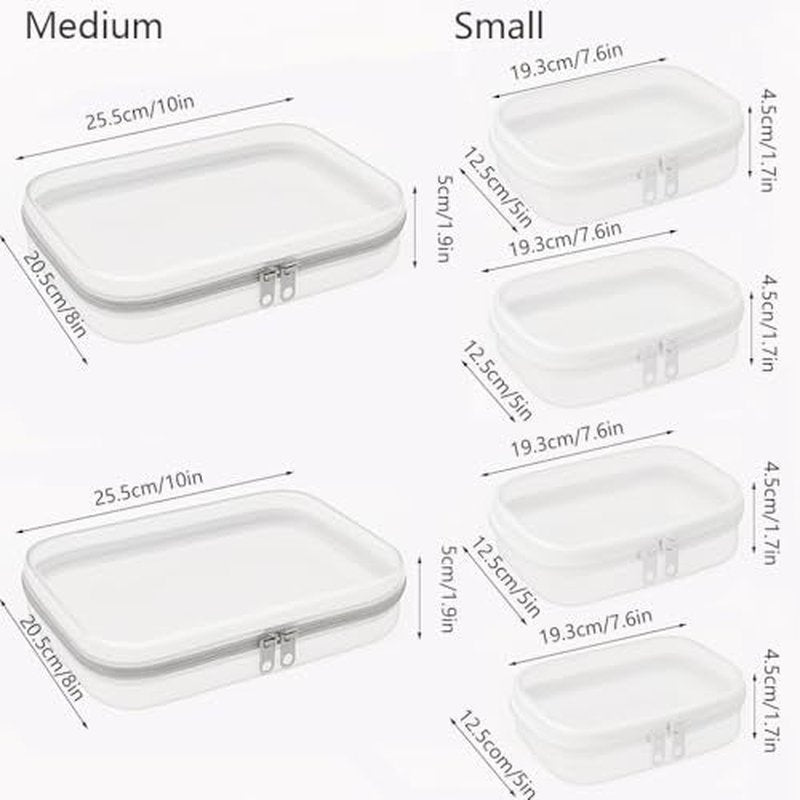 6Pcs/2M+4S Clear Hard Shell Zippered Travel Case ? Plastic Organizer Pouch for Toiletries, Cosmetic Bag, Diaper Bag & Packing Accessories (White, Set C)