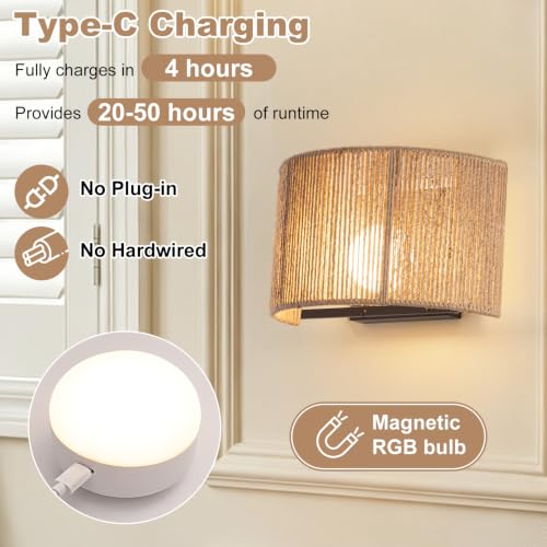 Rattan Battery Operated Wall Sconce Set of 2 - Boho Rechargeable Wall Lamp WL-Woven01