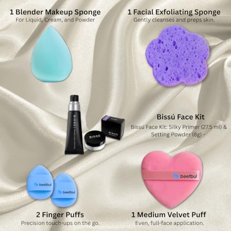 Beetbul Face Kit: Biss? Silky Primer (27.5 ml) & Setting Powder (8g) + Velvet Puff + 2 Finger Puffs + Makeup Sponge + Exfoliating Sponge
